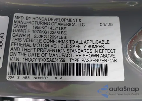 2025 Honda Accord Se from USA, damaged, VIN 1HGCY1F4XSA034659